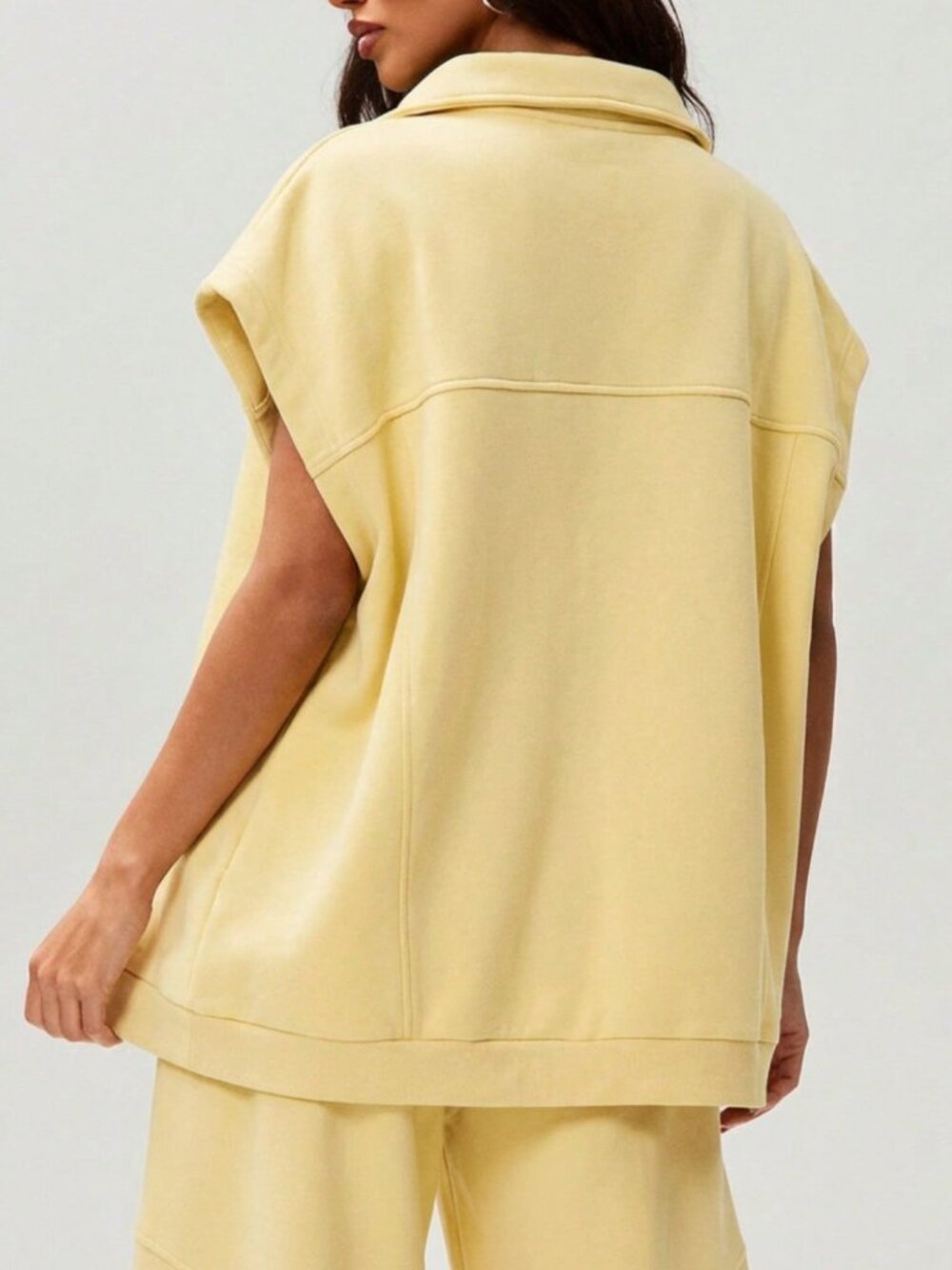 Light Yellow Casual Women's Plain Long Zip-Up Sweatshirt Vest - Picture 4 of 6